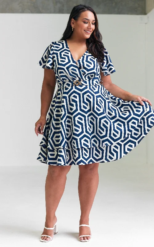 Markdowns Cobella Short Sleeve Dress - Blue Cream Geometric Print