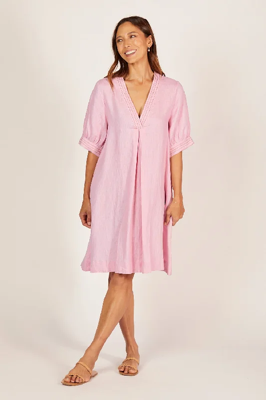 Deal of the Week Kora A-Line Puff Sleeve Linen Dress in Peony
