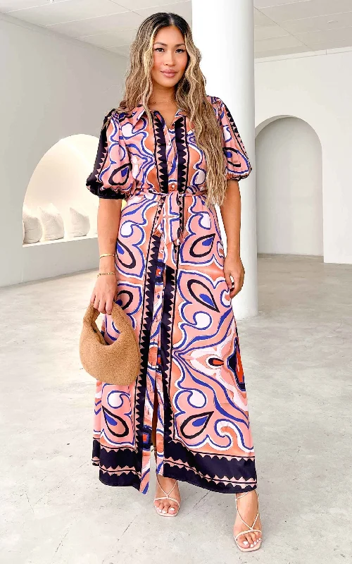 Stock Up and Save Augustine Short Sleeve Maxi Dress -  Peach Black Multi Print