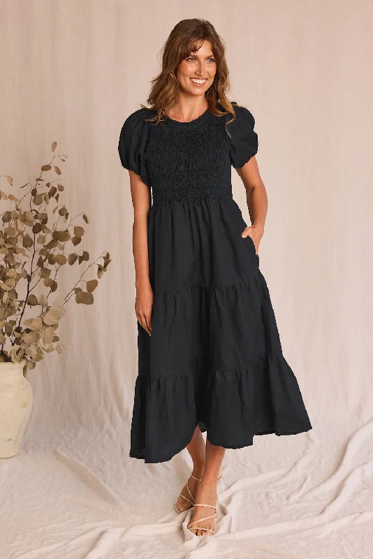 YEAR-End Clearance Minden Linen Shirred Short Sleeve Dress in Black