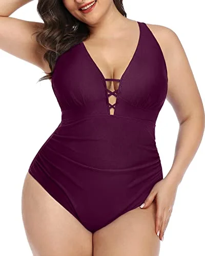 Special Savings Deep V Neck Lace Up Plus Size Slimming One Piece Swimsuit-Maroon