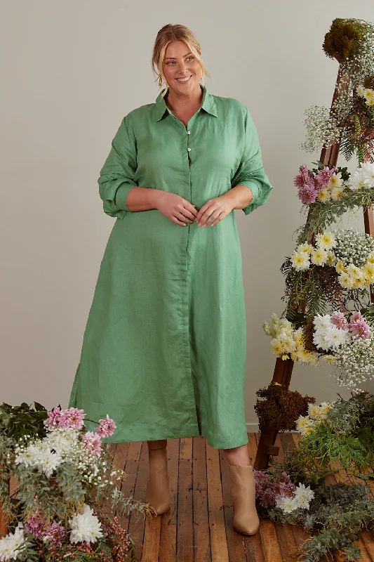Don't Wait Gracie Long Sleeve Linen Dress in Jadesheen
