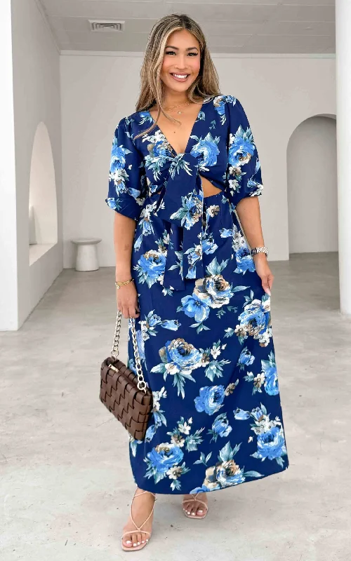 Amazing Deals Roza Long Sleeve Maxi Dress - Navy Blue Floral
