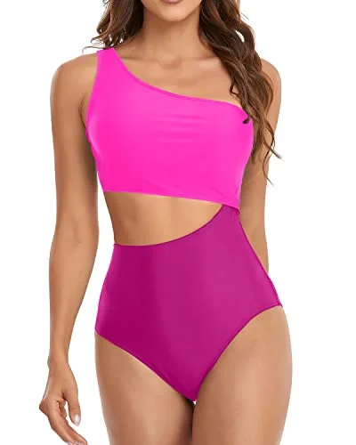 Best Deals Asymmetric One Shoulder Neckline Cutout One Piece Swimsuits-Phosphor And Dark Pink
