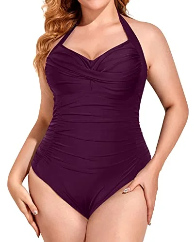 Epic Deals Women's Tummy Control Halter Top Plus Size One Piece Swimsuit-Maroon