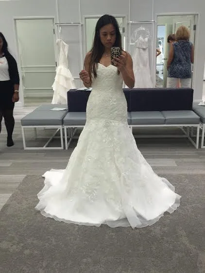 Steals and Deals David's Bridal Jewel Organza Trumpet Wedding with Lace  / WG3759
