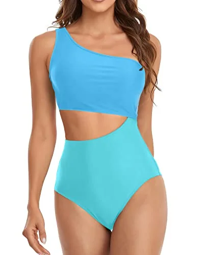 Blowout Deals Women's High Waisted One Piece Cutout One Shoulder Swimsuit-Blue And Blue