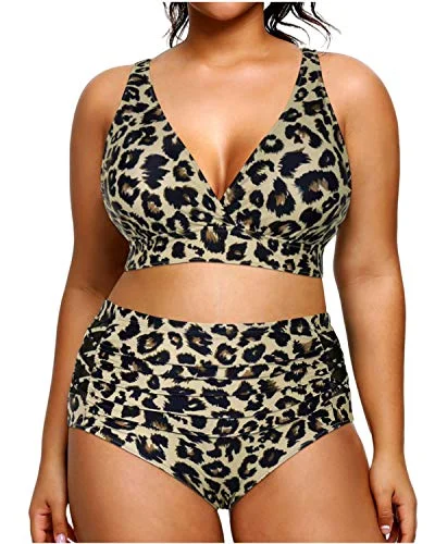 Seasonal Sale Women's Plus Size High Waisted Bikini Two Piece Swimsuits-Leopard