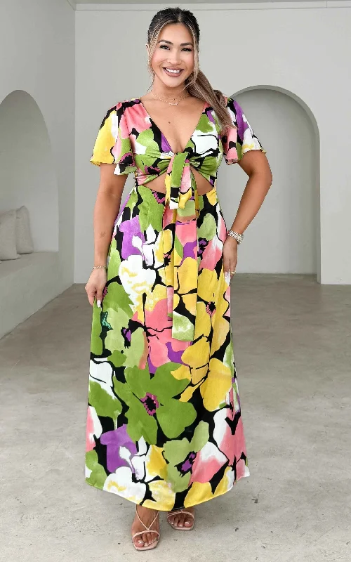 Savings Bonanza Roza Short Sleeve Maxi Dress - Green Multi Floral