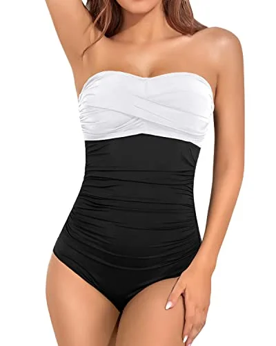 Markdowns Twist Front Strapless One Piece Swimsuit Tummy Control Bandeau Bathing Suits-White