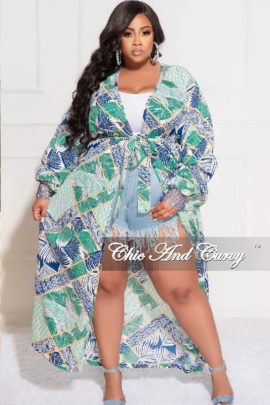 Members Only Final Sale Plus Size Sheer Chiffon Duster with Waist Tie and Rhinestone Cuff in Green Multi Color Print Members Only Final Sale Plus Size Sheer Chiffon Duster with Waist Tie and Rhinestone Cuff in Green Multi Color Print