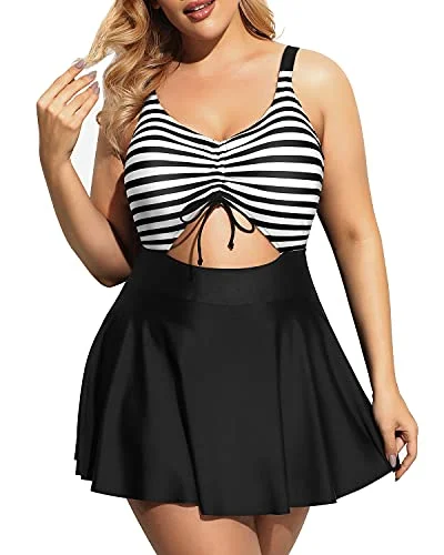 Markdowns V Neck Swimdress Cutout Bathing Suits For Women-Black And White Stripe