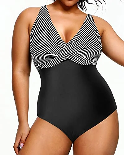 Best Bargains Slimming Tummy Control Plus Size Bathing Suits For Women-Black Stripe