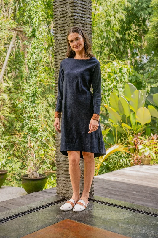 Midnight Madness Boatneck Ponte Long Sleeve Dress in Navy