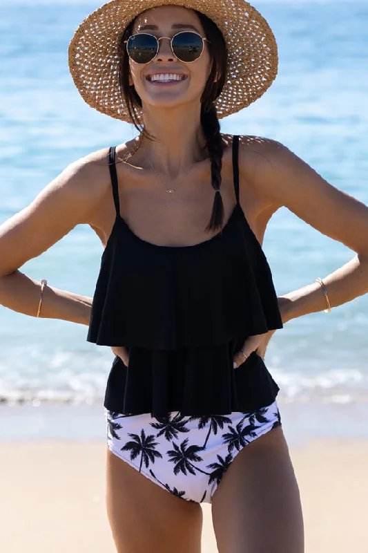 Huge Savings Leaf Print Ruffle Hem Cute Tankini Set
