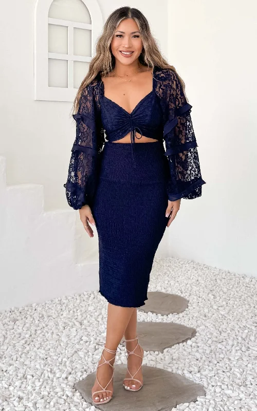 Closeout Leona Lace Sleeve Midi Dress - Navy