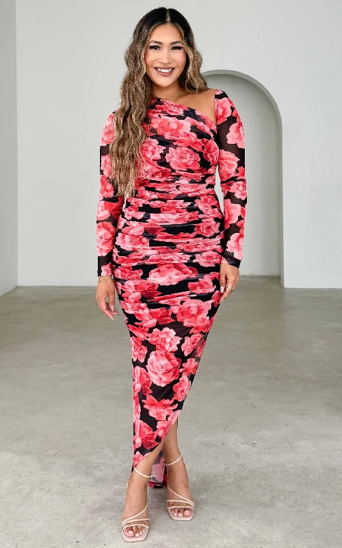 Savings Alert Batalon Mesh Maxi Dress - Black Red Floral