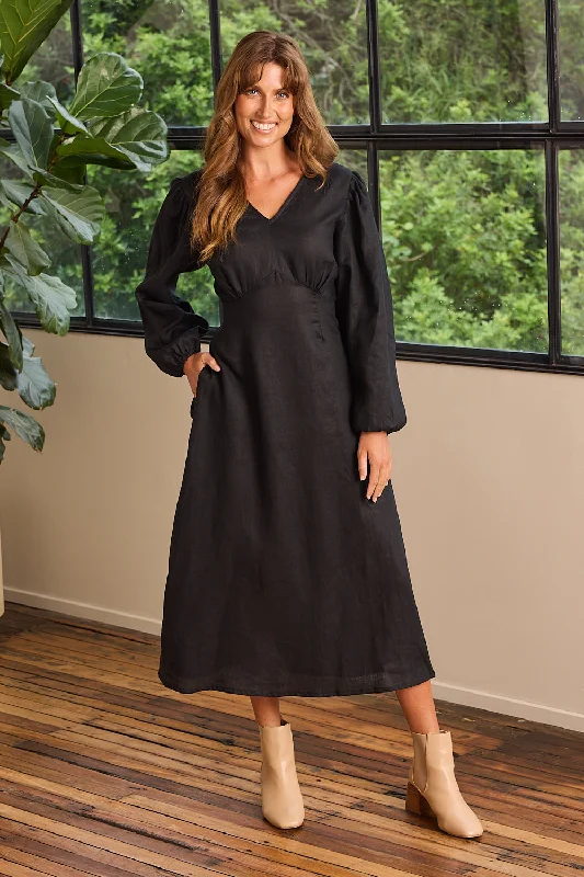 Closeout Farrah Long Sleeve Linen Dress in Black