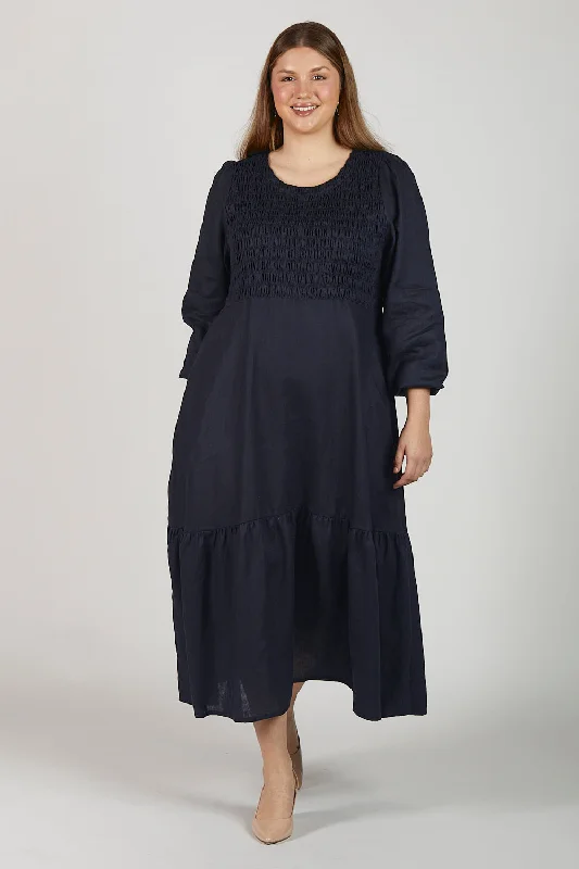 Can't Be Beat Minden Linen Long Sleeve Shirred Dress in Navy