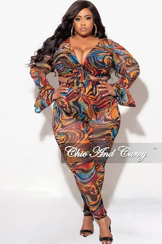 Instant Discount Final Sale Plus Size Sheer Bell Sleeve Tie Top and High Waist Pants Set in Multi Color Print