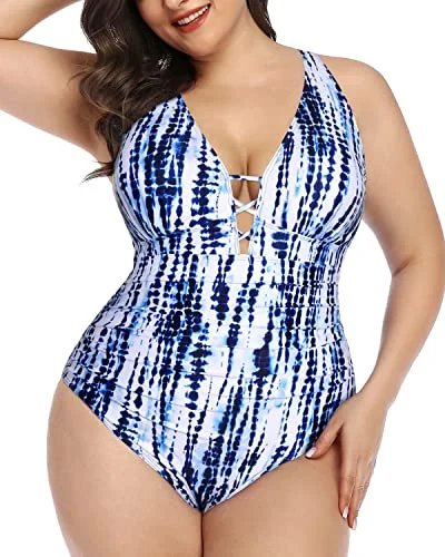 Hot Deal Push Up Padded Bra Plus Size One Piece Swimsuit For Women-Blue Tie Dye