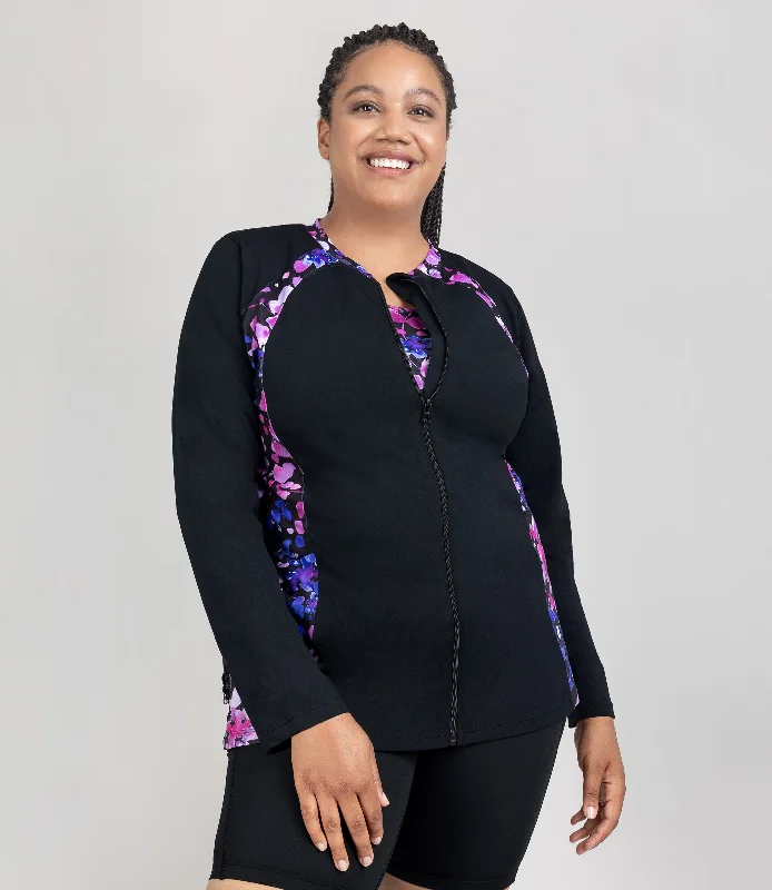 Crazy Deals AquaSport Long Sleeve Zip Front Swim Jacket Floral Elegance Print Black