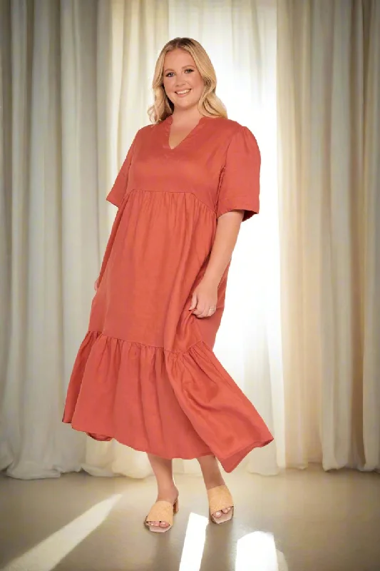 Take Advantage Sabre Linen V-Neck Dress in Desert Rose