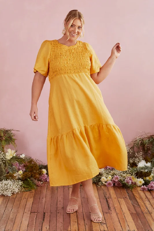 Don't Wait Minden Shirred Linen Dress in Golden Hour