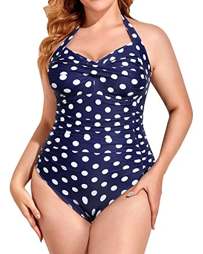 Final Markdown Removable Padded Bra Ruched Plus Size One Piece Swimsuit-Blue Dots