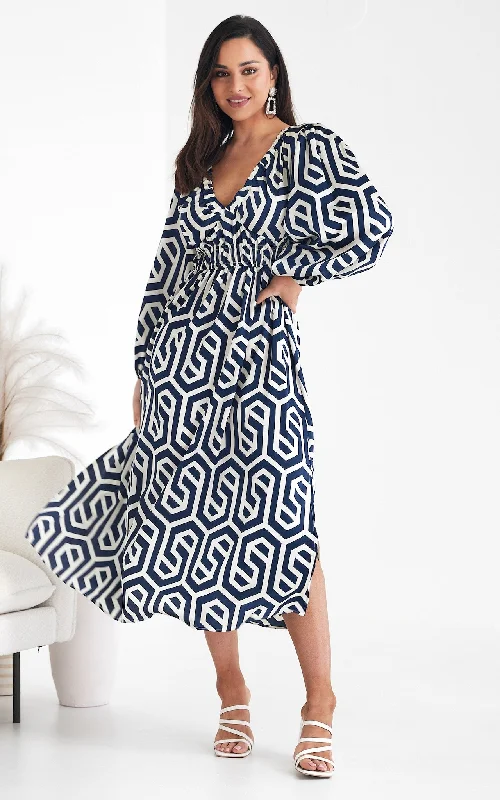 Markdown Madness Ember Midi Dress - Blue Cream Geometric Print