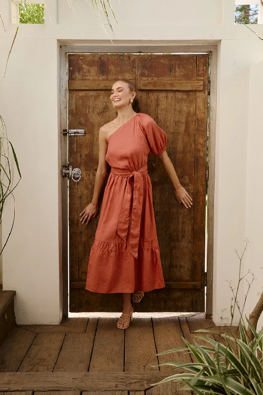Buy More, Save More Lou Lou One Shoulder Linen Dress in Desert Rose
