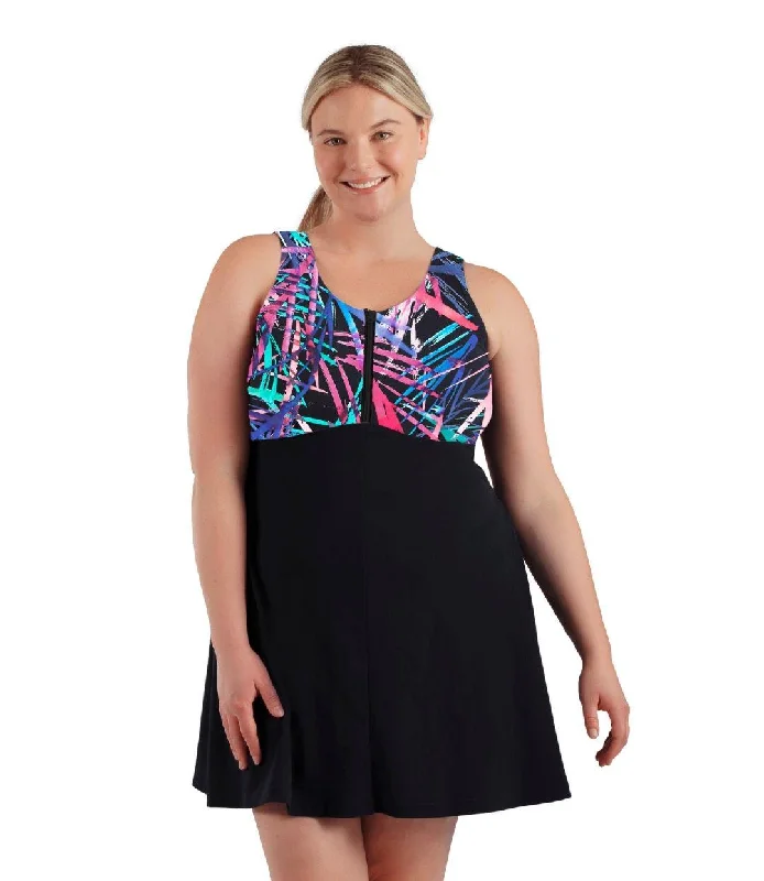 Limited Time AquaSport Zip Front Swim Dress Sunset Palm Print Black