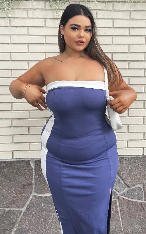 Fantastic Offers Davis Midi Dress - Blue Charcoal White Trim