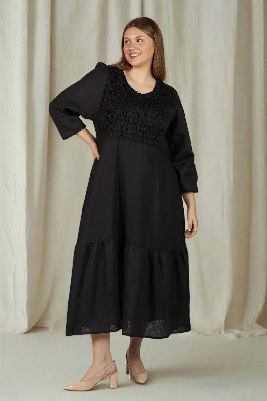 Lowest Prices Minden Linen Long Sleeve Shirred Dress in Black
