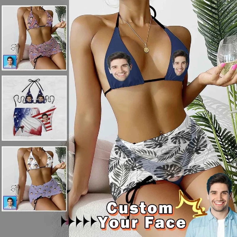 Final Clearance Custom Face Leaves Bikini Set For Women 3-Pieces Summer Swimsuit