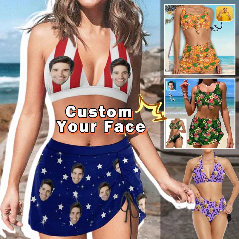 Must-Have Deals Custom Face American Flag Halter Neck Bikini Set Personalized Drawstring Bikini Skirt
