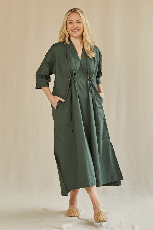 Don't Wait Finley Poplin Kaftan Dress in Bottle Green