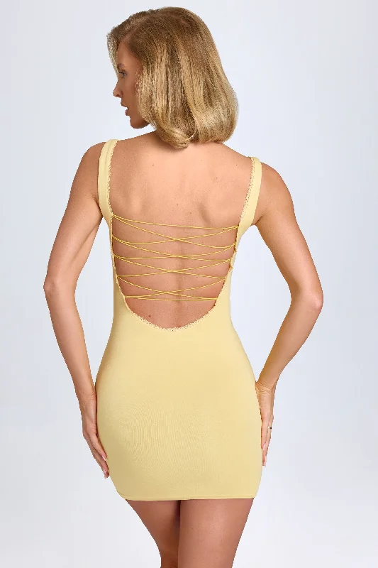 Deal Alert Modal Lace-Trim Bodycon Mini Dress in Pastel Yellow