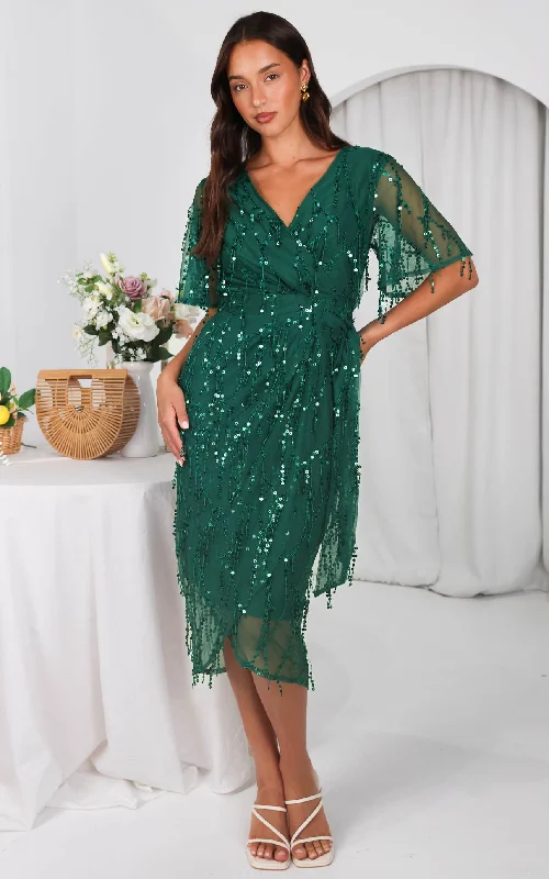 Super Deal Fireworks Sequin Midi Dress - Emerald