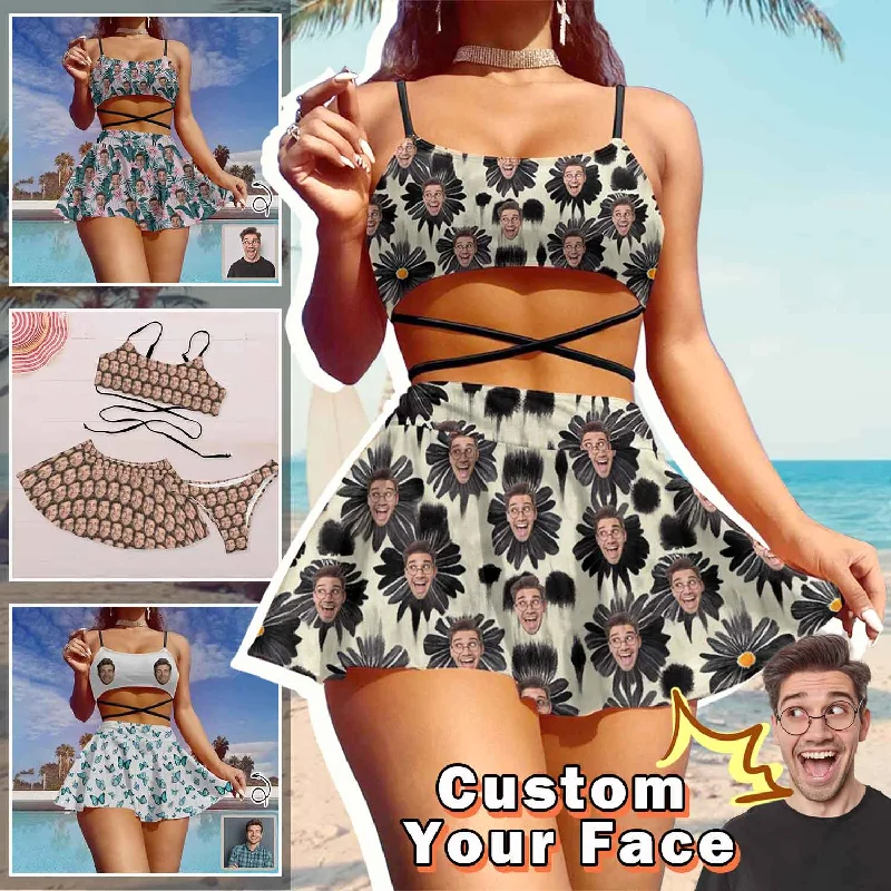 Online Only Custom Face Black Flowers Bikini Set Women's String Three-Piece Bikini Skirt