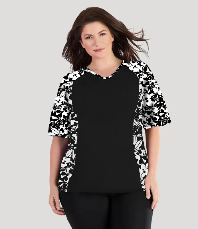 Shop and Save QuikEnergy Lite Swim and Beach Short Sleeve Top Hibiscus Black
