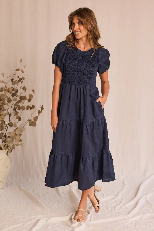 Stock Clearance Minden Linen Shirred Short Sleeve Dress in Navy
