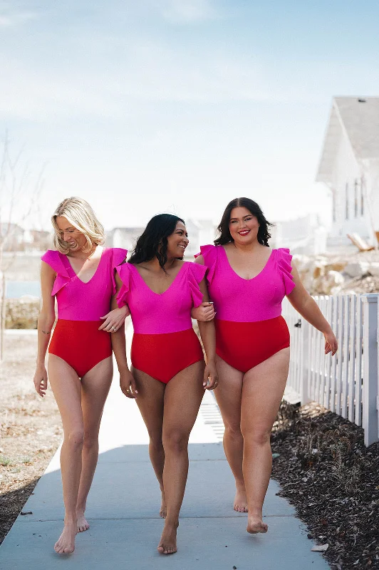 Take Advantage Ocean One Piece | Neon Pink & Poppy Red