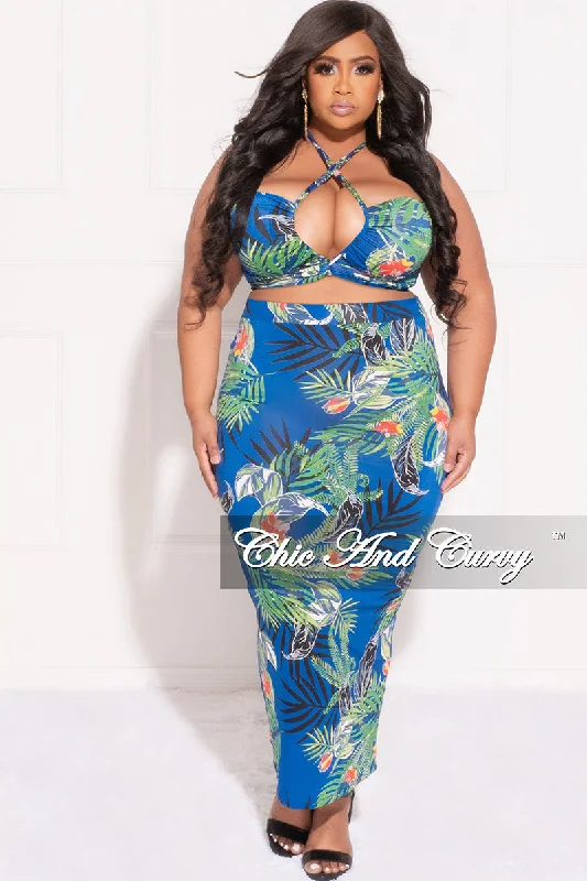 Savings Alert Final Sale Plus Size 2pc Halter Criss Cross Top and Skirt Set in Royal Blue Floral Multi Color Print Savings Alert Final Sale Plus Size 2pc Halter Criss Cross Top and Skirt Set in Royal Blue Floral Multi Color Print