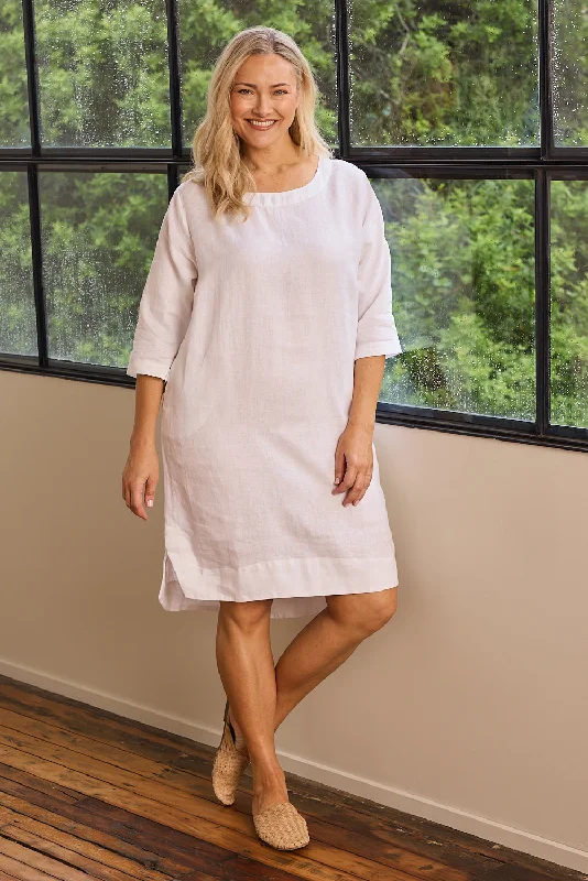 Price Rollback Boatneck Linen Shift Dress in White