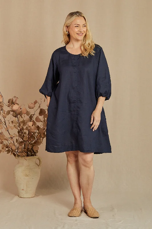 Price Rollback Hazel Short Linen Shift Dress in Navy