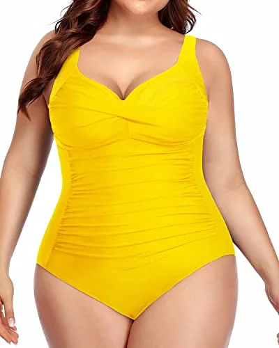 Season Finale Sale Women's Plus Size Tummy Control Twist Front Ruched Sweetheart Neck One Piece Swimsuit-neon yellow2