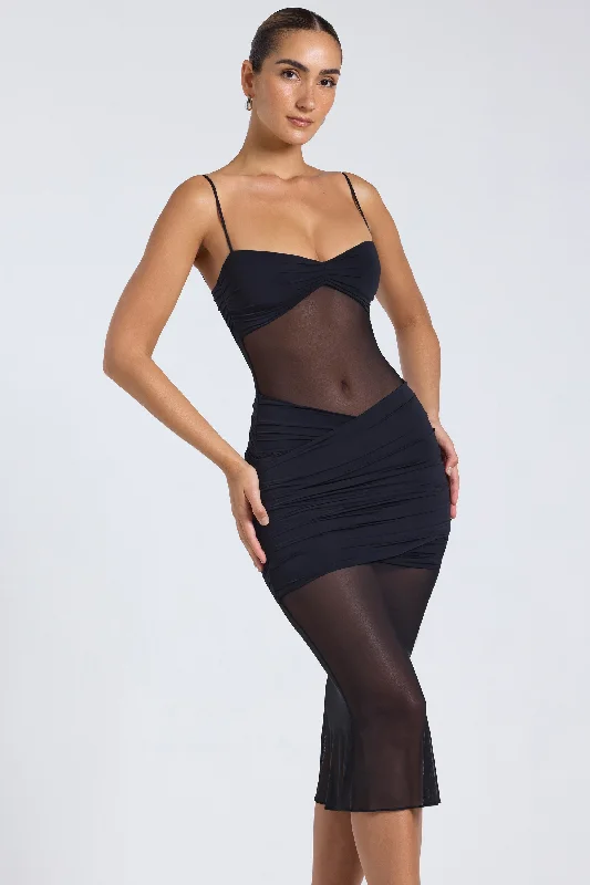 Fantastic Offers Sheer Panelled Draped Midaxi Dress in Black