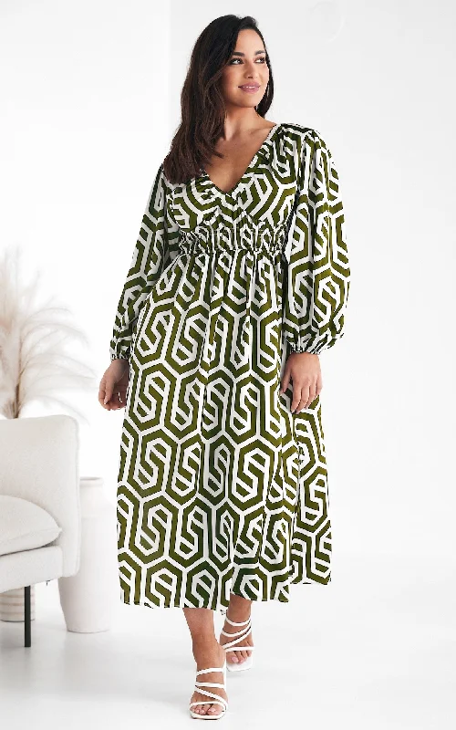 Price Slash Ember Midi Dress - Khaki Cream Geometric Print