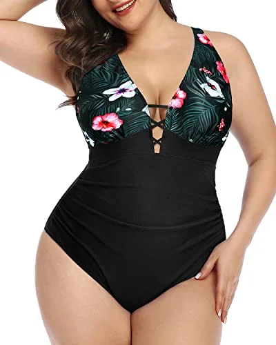 Best Seller High Waisted Line Plus Size Ruched One Piece Swimsuit-Black Floral